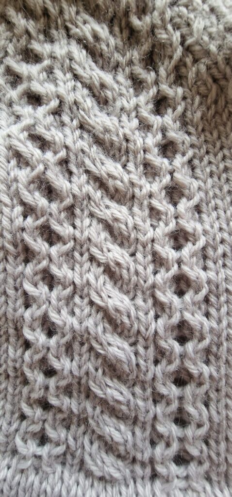 Close up image of cable panel on knitted beanie